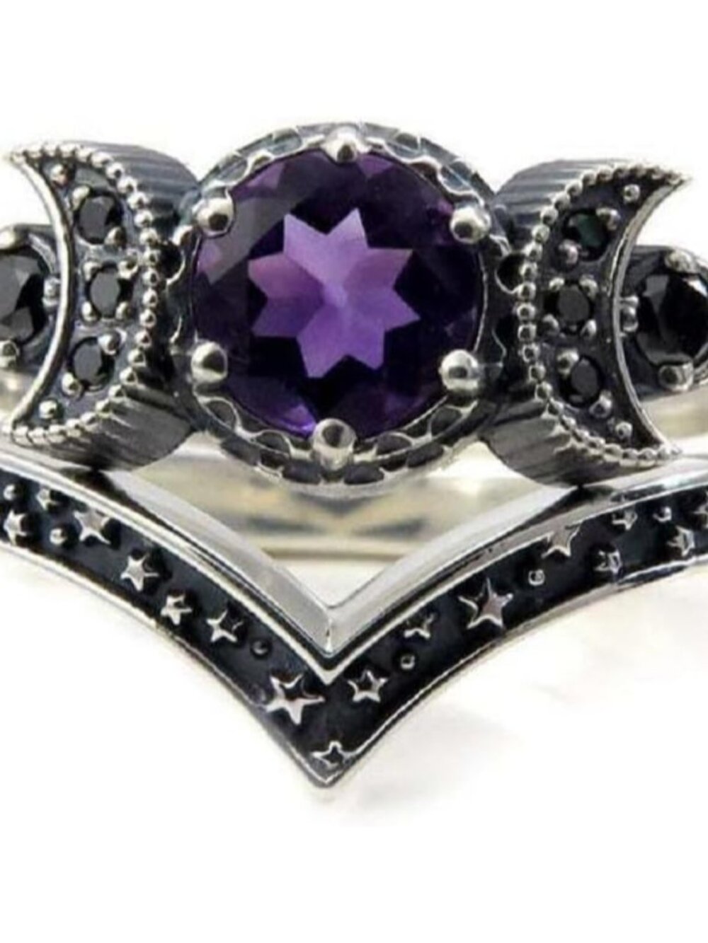 Wicca Pagan Triple Moon Godness Band Ring Set Vintage Star Moon Amulet Wicca Cry